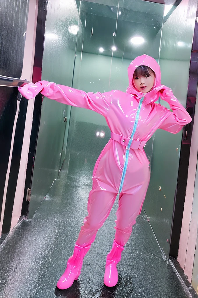 live-action female kindergartener Pink rubber suit Gloss Transparent rain gear Escape from a mysterious giant maze Being forced to change into a rubber suit in a large space rubber gloves Rubber stockings