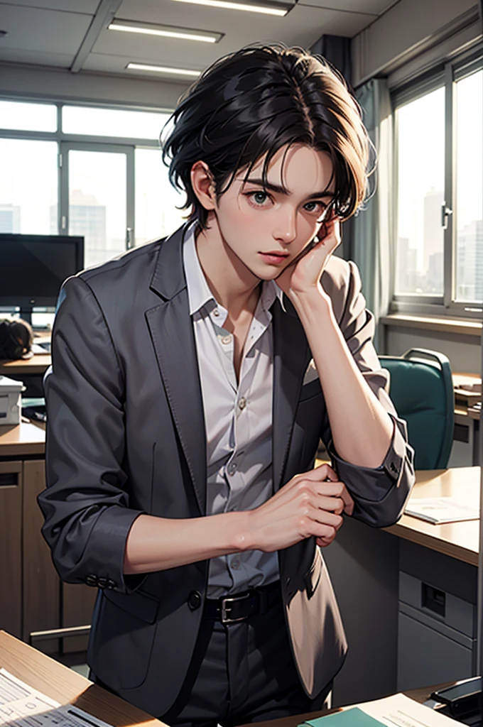 A handsome man in his 20s wearing a crisp gray business suit is inside his office during the day, looking distressed and perplexed as if he has been asked to do something unreasonable. He has a clean-cut, neatly styled short hairstyle. He is holding his forehead with one hand. The background features a modern office setting with desks and office equipment visible, and bright sunlight streaming through the windows.