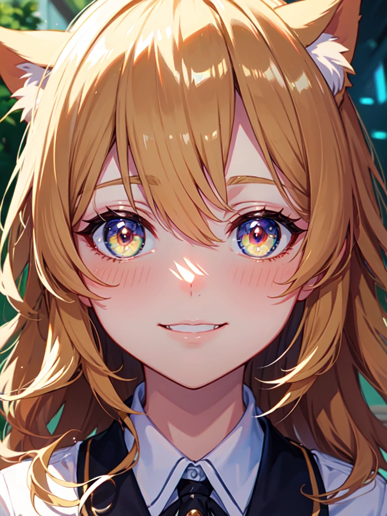 hair over shoulder, wavy hair, hair strand, shiny hair, blonde hair, eye reflection, glowing eyes, slit pupils, amber eyes, cat ears, smile, blush, glint, happy, anime, anime style, En plein air, high detail, cinematic lighting, ray tracing, reflection light, masterpiece, accurate, anatomically correct, super detail, high details, high quality, best quality, highres, 4K