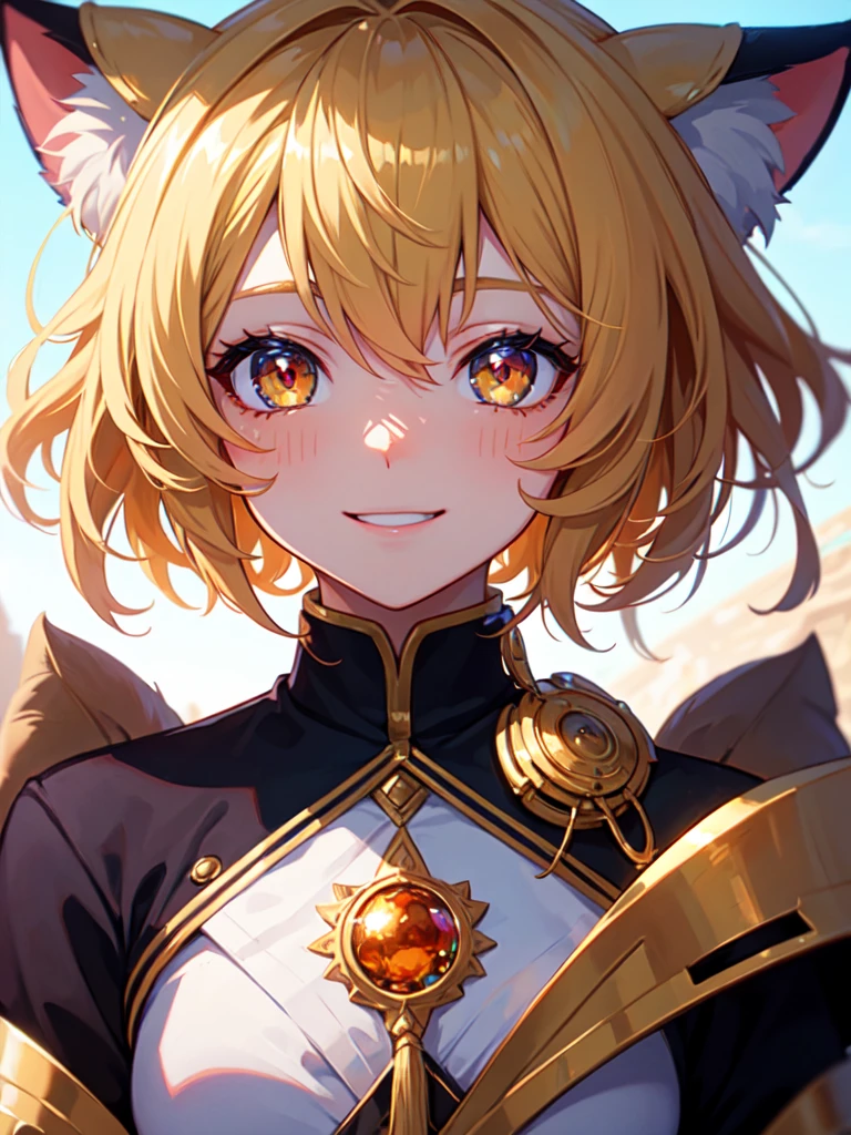 hair over shoulder, wavy hair, hair strand, shiny hair, blonde hair, eye reflection, glowing eyes, slit pupils, amber eyes, cat ears, smile, blush, glint, happy, anime, anime style, En plein air, high detail, cinematic lighting, ray tracing, reflection light, masterpiece, accurate, anatomically correct, super detail, high details, high quality, best quality, highres, 4K