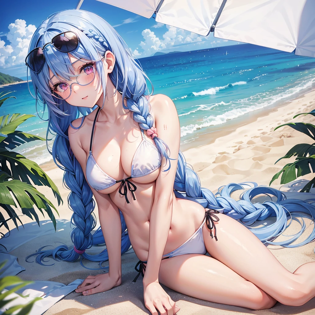 (Sky blue medium hair),(Braided hair tied together)、Pink eyes、Fair skin、(whole body)、(One Girl)、bikini、Large sunglasses with black lenses on his head、Shining white sand beach in midsummer、Okinawa's ocean、A happy smile、、(masterpiece、Highest quality、Very detailed、Best Shadow)、(Detailed Background)、(Beautifully detailed face)、High contrast、(Best lighting、Very delicate and beautiful)、((Cinematic Light))、colorful、Hyper Detail、Dramatic Light、Exquisite detail、Standing with your legs apart