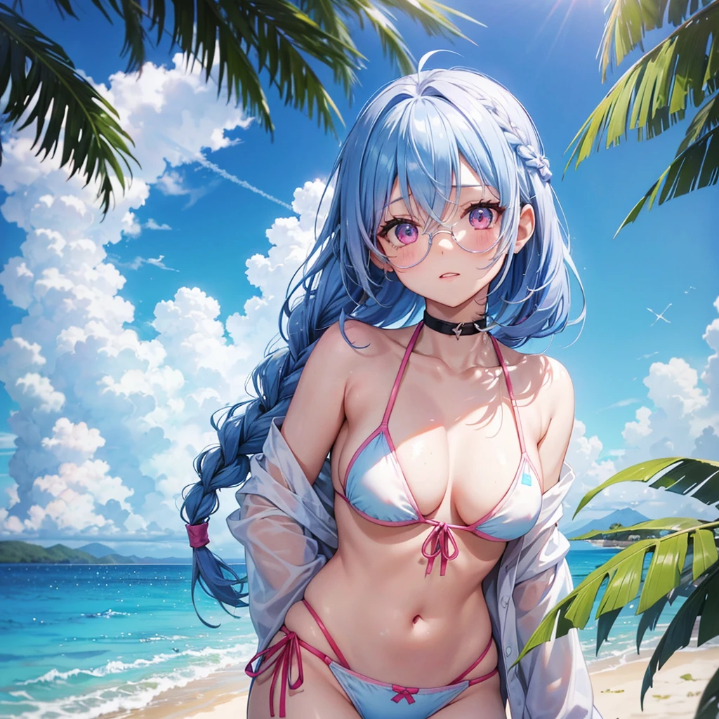 (Sky blue medium hair),(Braided hair tied together)、Pink eyes、Fair skin、(whole body)、(One Girl)、bikini、Large sunglasses with black lenses on his head、Shining white sand beach in midsummer、Okinawa&#39;s ocean、A happy smile、、(masterpiece、Highest quality、Very detailed、Best Shadow)、(Detailed Background)、(Beautifully detailed face)、High contrast、(Best lighting、Very delicate and beautiful)、((Cinematic Light))、colorful、Hyper Detail、Dramatic Light、Exquisite detail、Standing with your legs apart