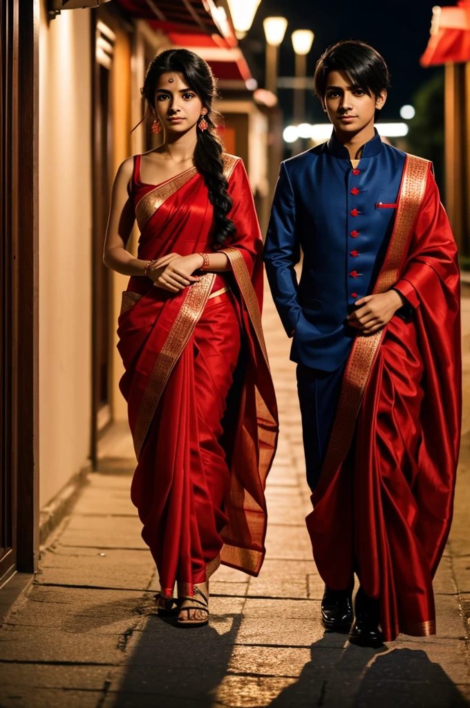 Create a anime character boy and girl catching their hands and walking at night , beautiful girl wearing red sari 