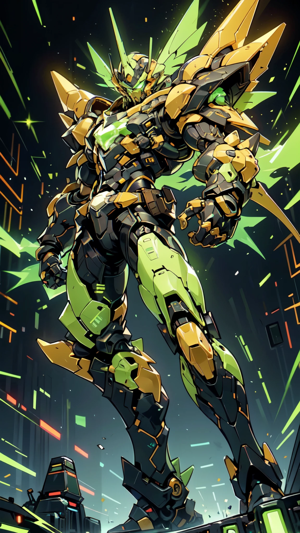 (masterpiece:1.5, best quality:1.5, extremely delicate:1.5, foreshortening:1.5, dynamic angle:1.5), a man wearing a full-face helmet, a fantasy-style biotech armored combat suit, green eyes, (a composite layered chest armor), fully enclosed shoulder guards, matching arm and leg guards, the belt is adorned with neon circuitry, (the color scheme is primarily black glow with green and red accents), the design balances heavy with agility, a high-tech bio-mecha armor, (Armor Concept Inspired by neon Cyberpunk, stand on the top of a skyscraper in a futuristic sci-fi city), this character embodies a finely crafted fantasy-surreal style armored hero in anime style, exquisite and mature manga art style, (element, plasma, energy, the armor glows), ((male:1.5)), metallic, high definition, highres, ultra-detailed, ultra-fine painting, professional, perfect body proportions, golden ratio, anatomically correct, symmetrical face, extremely detailed eyes and face, high quality eyes, creativity, RAW photo, UHD, 32k, Natural light, cinematic lighting, masterpiece-anatomy-perfect