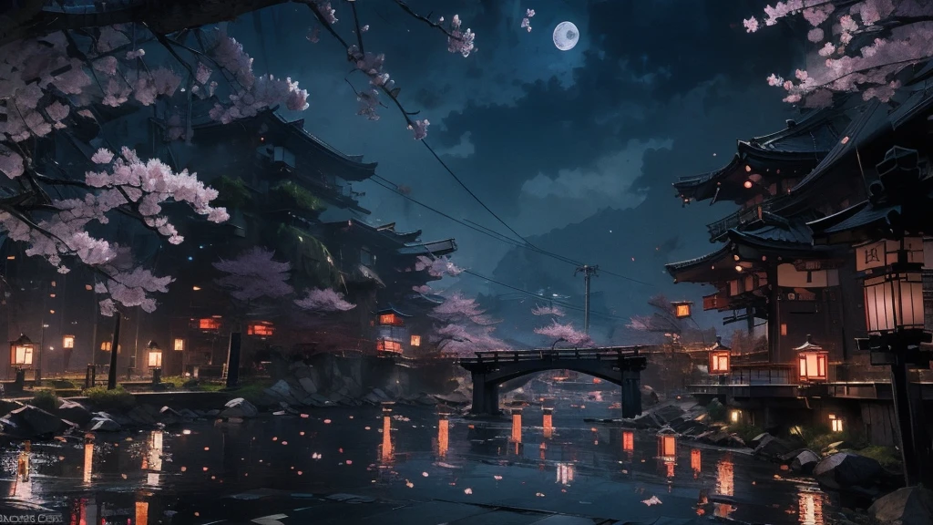 Kyoto、Streetscape、Fantasy、Urban Scene、night、moon、cherry blossomachiya、Early 20th century Japanese cityscape、Futuristic City、