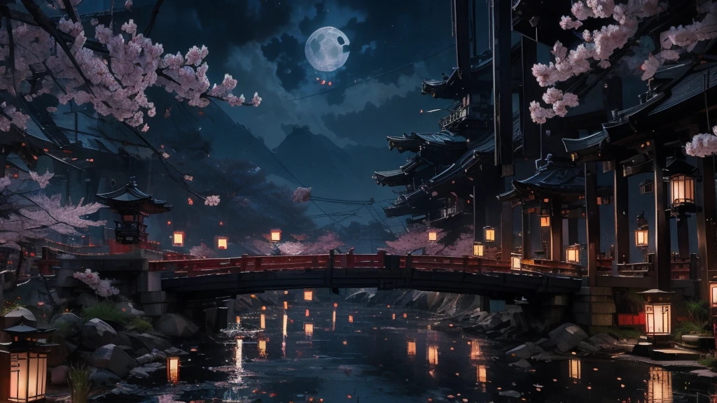 Kyoto、Streetscape、Fantasy、Urban Scene、night、moon、cherry blossomachiya、Early 20th century Japanese cityscape、Futuristic City、