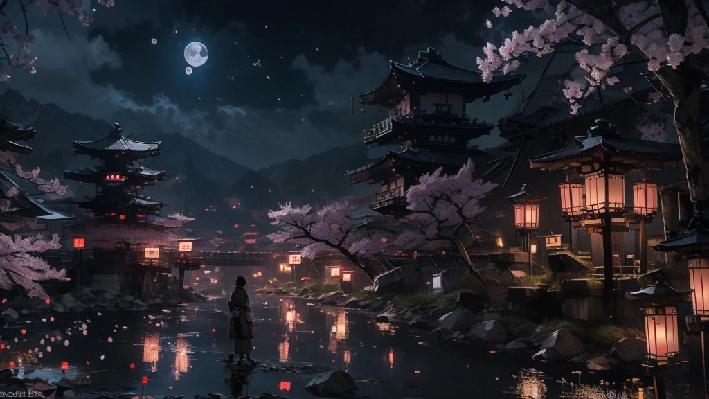 Kyoto、Streetscape、Fantasy、Urban Scene、night、moon、cherry blossomachiya、Early 20th century Japanese cityscape、Futuristic City、