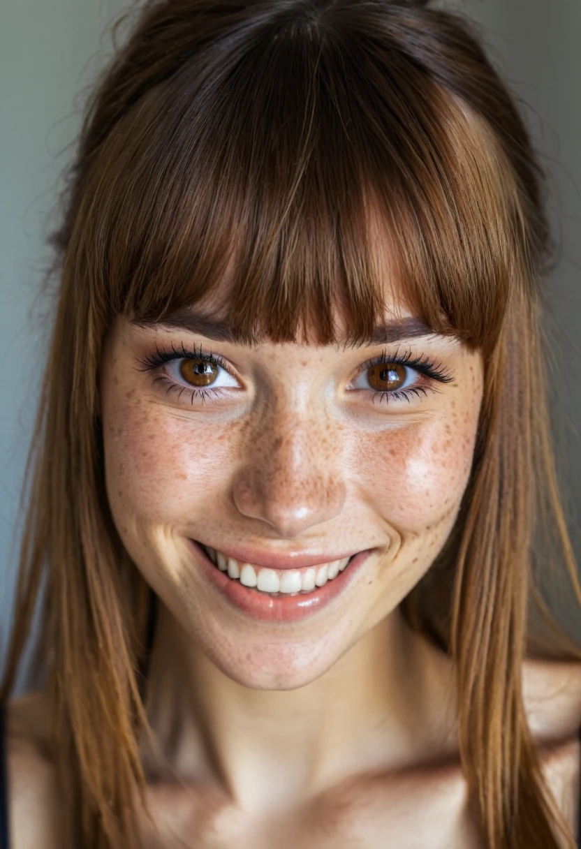 beautiful lady, (freckles), big smile, brown hazel eyes, Full Bangs, dark makeup, hyperdetailed photography, soft light, head and shoulders portrait, cover