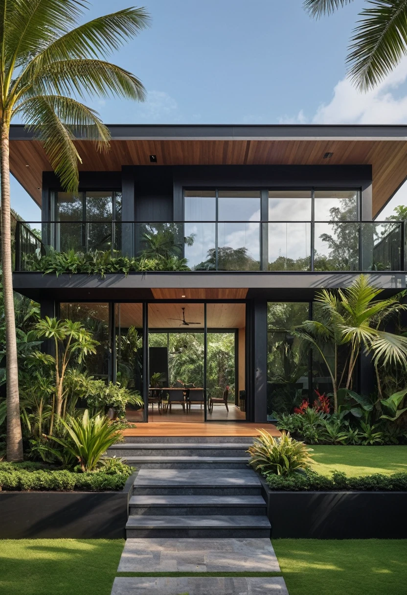 A hyper-realistic image of a modern house with a minimalist design, featuring a combination of wood and black materials. The house has a slanted roof, large glass windows, and a balcony with a black railing. The entrance is flanked by lush greenery and palm trees. There is a wooden gate in front and the garden includes various tropical plants. The overall ambiance is serene and contemporary, with detailed textures and realistic lighting, shadows, and reflections. The colors are dark and sleek, showcasing the modern aesthetics of the materials and the surrounding environment. The lighting is bright and gives a vibrant daytime feel.
