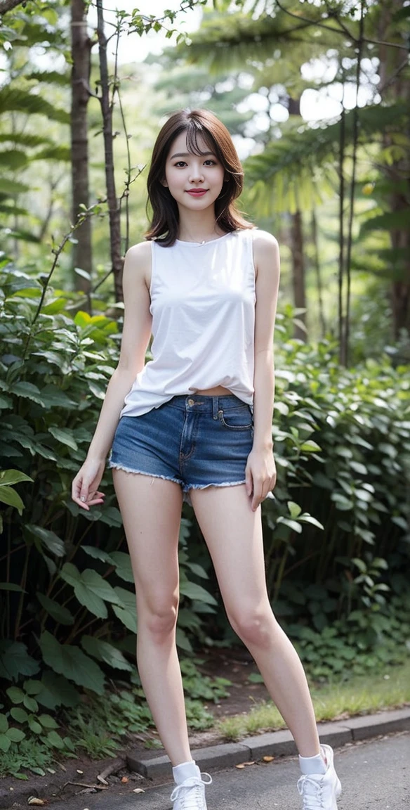masterpiece, best quality, Surreal, Ultra Detailed, 8k resolution, RAW photos, Clear focus, (A girl in the forest), ((light gray shirt)), sleeveless, sports Shorts,, Solitary, Perfect body, Perfect body, Bangs to eyebrows、Beautiful brown hair、Beautiful and delicate eyes、Brown eyes、Raise an eyebrow、Bangs to eyebrows、Beautiful brown hair、Beautiful and delicate eyes、Slender legs,Brown eyes、Raise an eyebrow、High Nose、Small nostril、Little mouth、Tempting lips、Mouth slightly open、Beautiful breasts、Full body、Oval face,Phoenix Eyes,Eyebrow, Double eyelids, Long eyelashes, A faint smile, full-body shot:1.2,She has a pair of eyes as clear as water,Eyebrows are like distant mountains,Creamy skin,Lips like cherry blossoms,玉Slender legs如柳枝,Her beauty is not only in appearance,It's more about her fragile yet tenacious temperament,Like a hibiscus flower swaying in the wind,It's pitiful, A faint smile, full-body shot:1.2,Playful and flirty pose,The calves are straight and thin:1.5,Wear high-end brand colored sneakers:1.5, 32 inches in the chest,(a charming smile:1.2), (sexy pose),26 years old, light,White shoes,