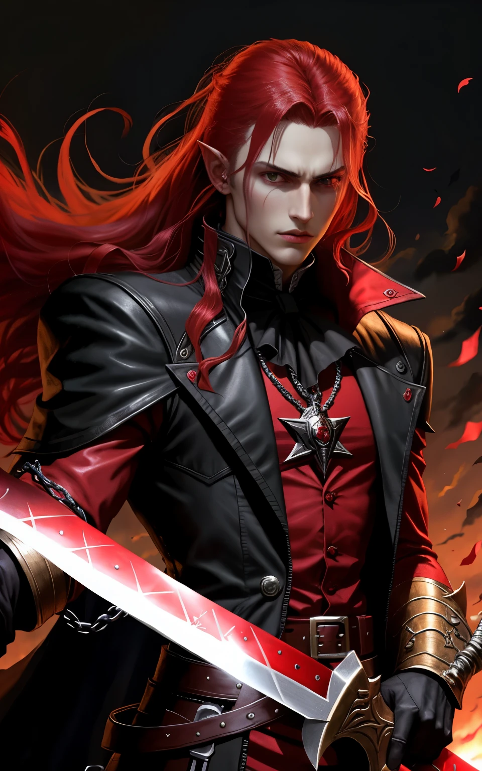 alucard, castlevania, simphony of the night, bust, face image, red hair, sword in hand, piercing look, looking forward, lots of details, 8k, black gold and red clothes, elf ears, female version