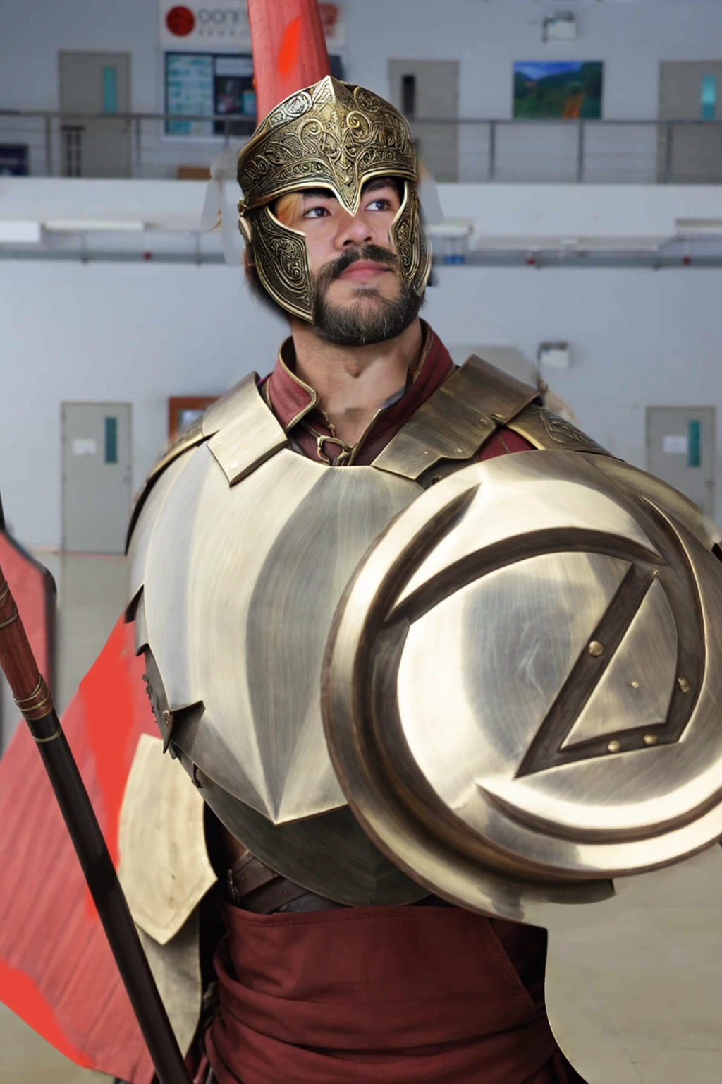 King Leonidas wears a classic Spartan helmet, also known as a Corinthian helmet. It has a bronze finish with a high crest of red and black horsehair, signifying his rank as a king. The helmet covers the entire face except for the eyes, nose, and mouth, providing maximum protection while allowing him to see and breathe easily. The edges are decorated with intricate patterns and engravings.
Armor: His armor is made of bronze and consists of a cuirass (breastplate) with muscle sculpting to emphasize his physical prowess. The cuirass is ornately decorated with engravings of mythical creatures and battle scenes. He wears a red cloak draped over his shoulders, secured with a golden brooch. His greaves (shin guards) and bracers (forearm guards) are also made of bronze and bear similar decorative patterns.
Face: Leonidas has a rugged, determined expression, with a well-defined jawline and a thick beard. His eyes are intense, reflecting his warrior spirit and unwavering determination. His face shows the marks of past battles, with a few scars that add to his fierce appearance.
Spear: He holds a long Dory spear, which is the primary weapon of a Spartan hoplite. The spear is approximately 8 feet long, with a wooden shaft and a leaf-shaped iron spearhead. The shaft is reinforced with metal bands for extra durability, and the butt end is fitted with a bronze counterweight called a sauroter, which can also be used as a secondary weapon.
Shield: Although not specifically requested, it’s worth noting that Leonidas carries a large round shield known as an Aspis or Hoplon. The shield is made of wood, covered with bronze, and emblazoned with the symbol of Sparta, a lambda (Λ).