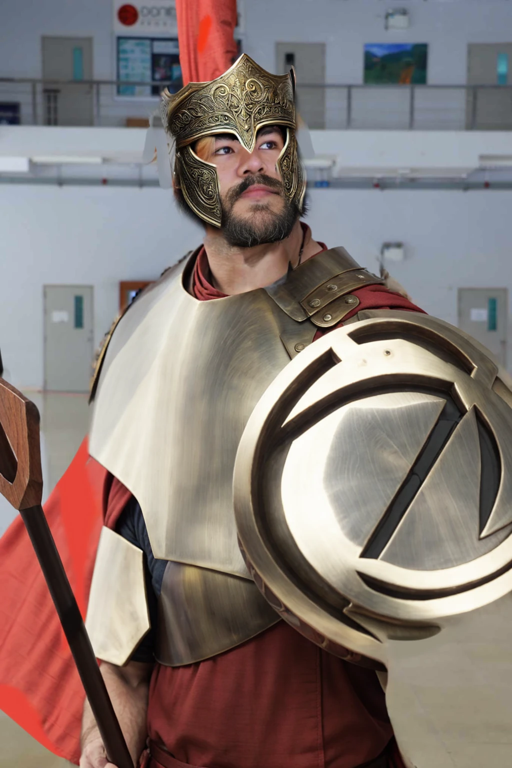 King Leonidas wears a classic Spartan helmet, also known as a Corinthian helmet. It has a bronze finish with a high crest of red and black horsehair, signifying his rank as a king. The helmet covers the entire face except for the eyes, nose, and mouth, providing maximum protection while allowing him to see and breathe easily. The edges are decorated with intricate patterns and engravings.
Armor: His armor is made of bronze and consists of a cuirass (breastplate) with muscle sculpting to emphasize his physical prowess. The cuirass is ornately decorated with engravings of mythical creatures and battle scenes. He wears a red cloak draped over his shoulders, secured with a golden brooch. His greaves (shin guards) and bracers (forearm guards) are also made of bronze and bear similar decorative patterns.
Face: Leonidas has a rugged, determined expression, with a well-defined jawline and a thick beard. His eyes are intense, reflecting his warrior spirit and unwavering determination. His face shows the marks of past battles, with a few scars that add to his fierce appearance.
Spear: He holds a long Dory spear, which is the primary weapon of a Spartan hoplite. The spear is approximately 8 feet long, with a wooden shaft and a leaf-shaped iron spearhead. The shaft is reinforced with metal bands for extra durability, and the butt end is fitted with a bronze counterweight called a sauroter, which can also be used as a secondary weapon.
Shield: Although not specifically requested, it’s worth noting that Leonidas carries a large round shield known as an Aspis or Hoplon. The shield is made of wood, covered with bronze, and emblazoned with the symbol of Sparta, a lambda (Λ).