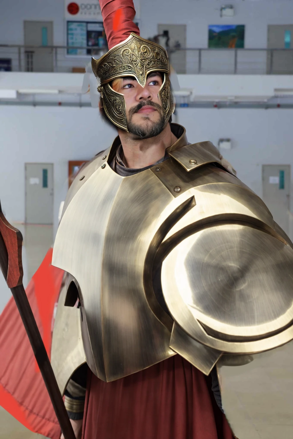 King Leonidas wears a classic Spartan helmet, also known as a Corinthian helmet. It has a bronze finish with a high crest of red and black horsehair, signifying his rank as a king. The helmet covers the entire face except for the eyes, nose, and mouth, providing maximum protection while allowing him to see and breathe easily. The edges are decorated with intricate patterns and engravings.
Armor: His armor is made of bronze and consists of a cuirass (breastplate) with muscle sculpting to emphasize his physical prowess. The cuirass is ornately decorated with engravings of mythical creatures and battle scenes. He wears a red cloak draped over his shoulders, secured with a golden brooch. His greaves (shin guards) and bracers (forearm guards) are also made of bronze and bear similar decorative patterns.
Face: Leonidas has a rugged, determined expression, with a well-defined jawline and a thick beard. His eyes are intense, reflecting his warrior spirit and unwavering determination. His face shows the marks of past battles, with a few scars that add to his fierce appearance.
Spear: He holds a long Dory spear, which is the primary weapon of a Spartan hoplite. The spear is approximately 8 feet long, with a wooden shaft and a leaf-shaped iron spearhead. The shaft is reinforced with metal bands for extra durability, and the butt end is fitted with a bronze counterweight called a sauroter, which can also be used as a secondary weapon.
Shield: Although not specifically requested, it’s worth noting that Leonidas carries a large round shield known as an Aspis or Hoplon. The shield is made of wood, covered with bronze, and emblazoned with the symbol of Sparta, a lambda (Λ).
