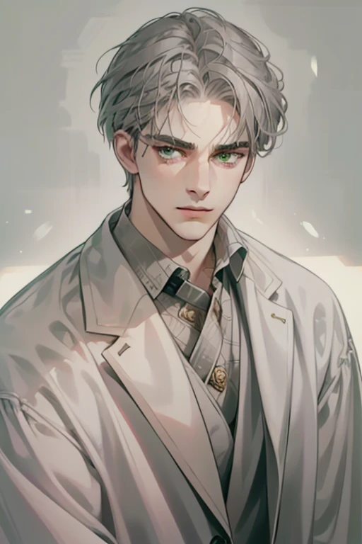 masterpiece, best quality, realistic, 1man, mature male, quiet and charming young man, 35 year old, serious look, closed mouth, portrait, extremely detailed face, cold smile, ((green grey eyes)), ((short-right-swept gray silver hair)), [thick eyebrows], ((suit)), handsome, full body, western, Jewish, light brown skin,
