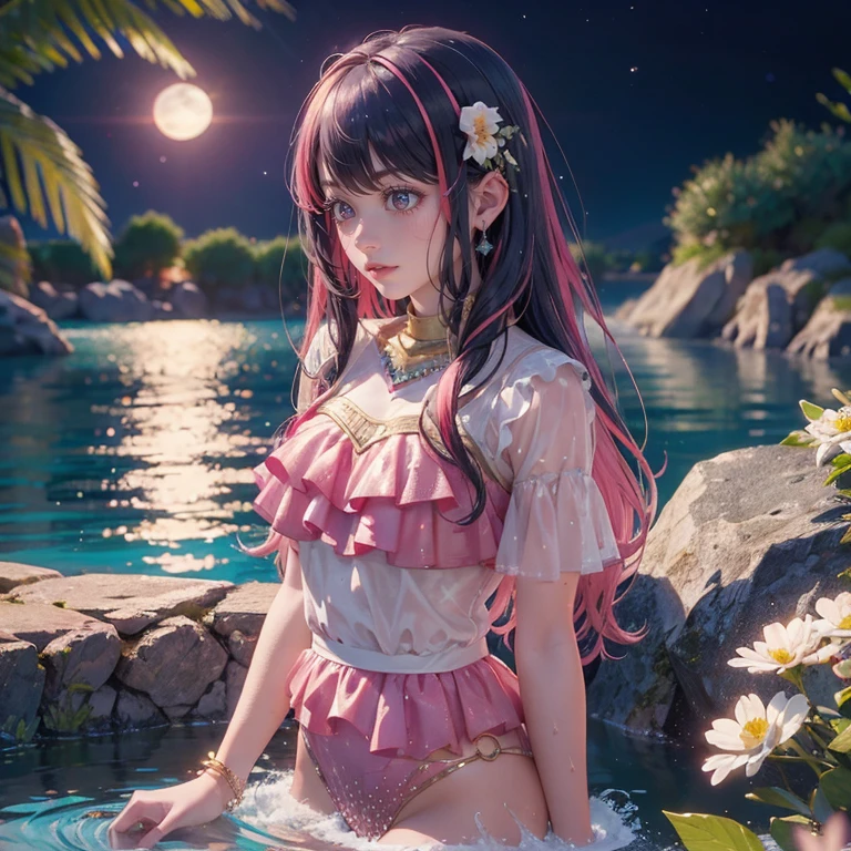 1 girl, lake scene, seat on the water, pink suit, gold details on her clothes, waterfall, white flowers on focus, full moon, night, flowing hair, crystals, sparkles, swim suit, multicolored hair, rabbit jewel on her hair 
