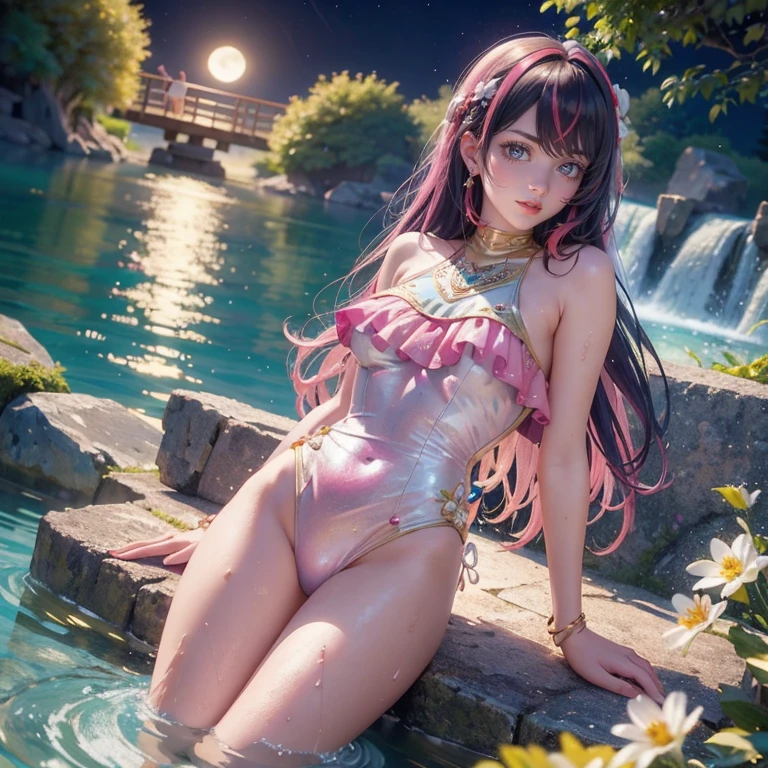 1 girl, lake scene, seat on the water, pink suit, gold details on her clothes, waterfall, white flowers on focus, full moon, night, flowing hair, crystals, sparkles, swim suit, multicolored hair, rabbit jewel on her hair 