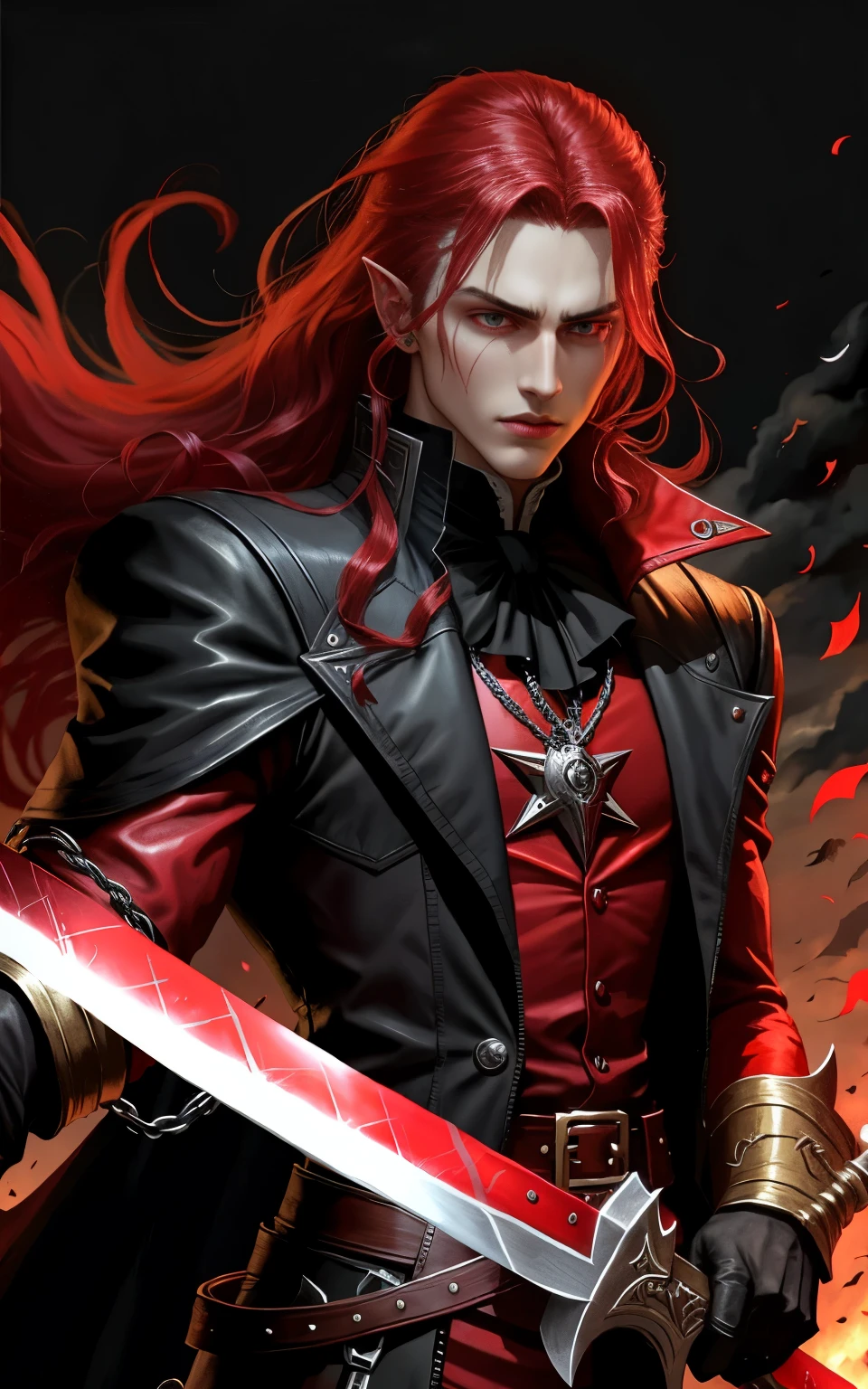 alucard, castlevania, simphony of the night, bust, face image, red hair, sword in hand, piercing look, looking forward, lots of details, 8k, black gold and red clothes, elf ears, female