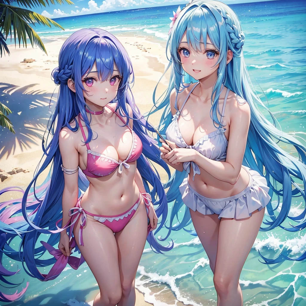 (Sky blue medium hair),(Braided hair tied together)、Pink eyes、Fair skin、(whole body)、(One Girl)、bikini、Shining white sand beach in midsummer、Hawaiian Ocean、Aloha、A happy smile、、(masterpiece、Highest quality、Very detailed、Best Shadow)、(Detailed Background)、(Beautifully detailed face)、High contrast、(Best lighting、Very delicate and beautiful)、((Cinematic Light))、colorful、Hyper Detail、Dramatic Light、Exquisite detail、Standing with your legs apart