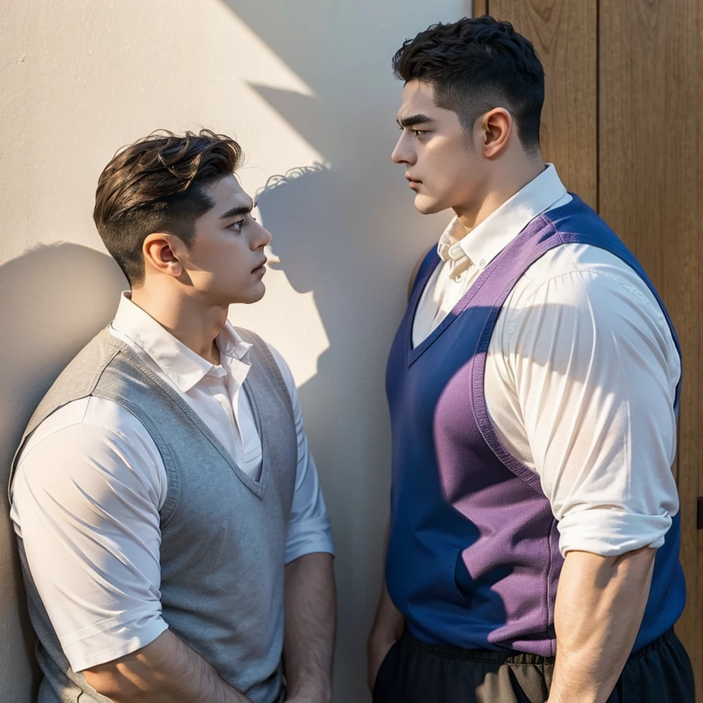 masterpiece, best quality, 2 people,close up,poster,Light and Shadow,2 men,Face to Face,A strong man facing a fat man,Handsome强壮男人,Handsome,curls,Opposite each other,Strong man in vest and shorts,Fat man eating snacks,perseverance,有perseverance的,self-discipline。