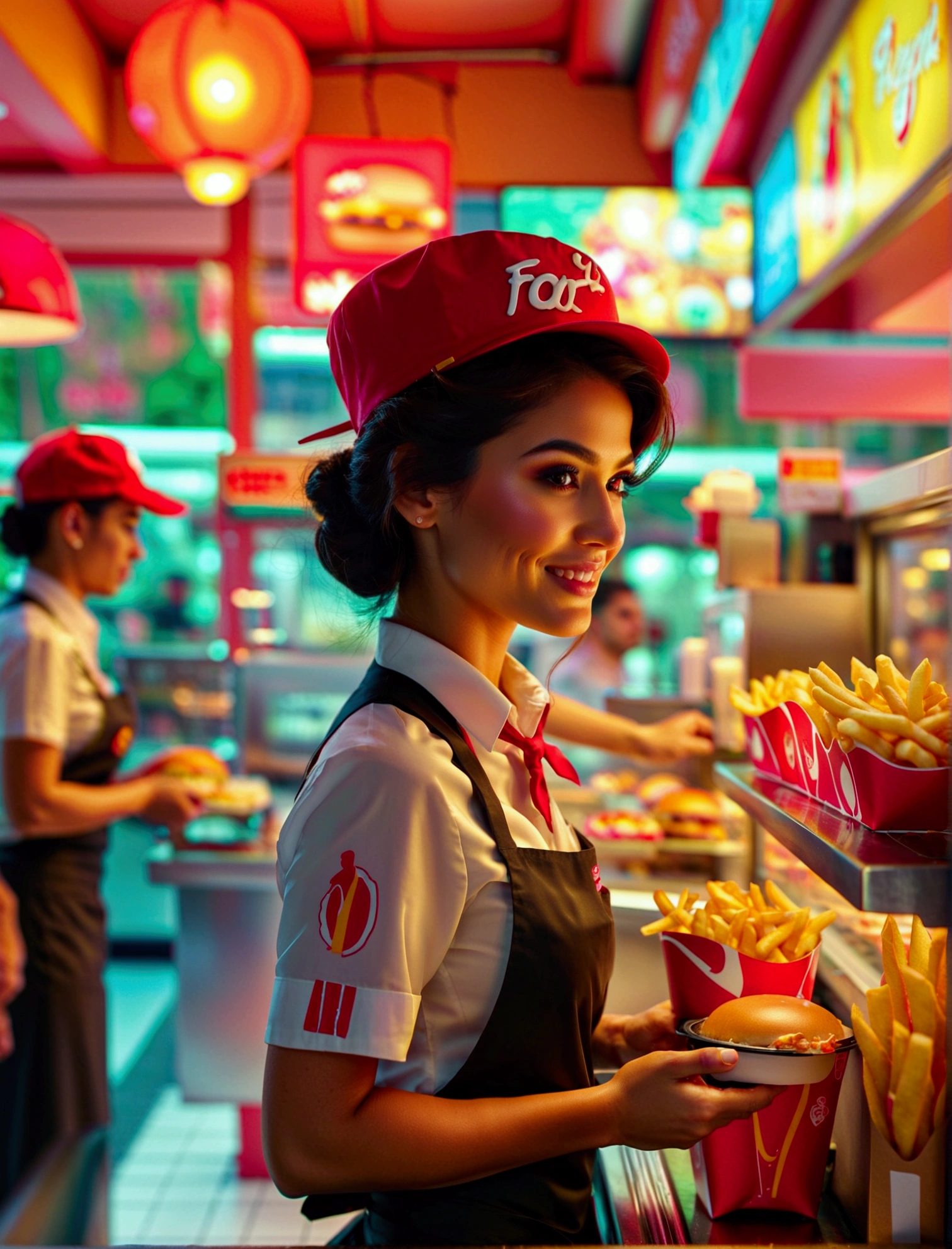 Aphotorealistic, ultra-detailed representation of a dedicated fast food worker serving customers behind the counter in an upper body shot. The individual, showcasing a genuine smile, is skillfully multitasking, handling various orders with precision and attention to detail. Their uniform, emblazoned with the familiar logos of the fast food chain, is worn neatly, and their hands move with dexterity as they assemble meals. The background is a blur of movement, customers lining up to place their orders. The scene is brightly lit, highlighting the worker's focused expression and the intricate mechanisms of the fast food assembly line. The image is shot in 8K UHD, gigantic breasts, giga_busty