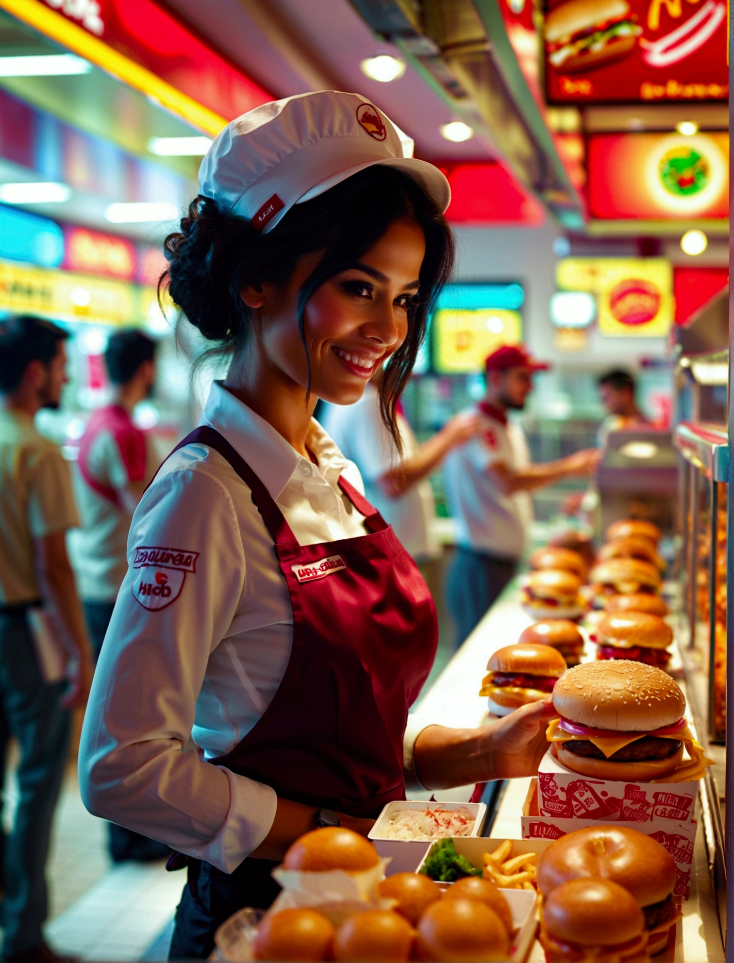 Aphotorealistic, ultra-detailed representation of a dedicated fast food worker serving customers behind the counter in an upper body shot. The individual, showcasing a genuine smile, is skillfully multitasking, handling various orders with precision and attention to detail. Their uniform, emblazoned with the familiar logos of the fast food chain, is worn neatly, and their hands move with dexterity as they assemble meals. The background is a blur of movement, customers lining up to place their orders. The scene is brightly lit, highlighting the worker's focused expression and the intricate mechanisms of the fast food assembly line. The image is shot in 8K UHD, gigantic breasts, giga_busty