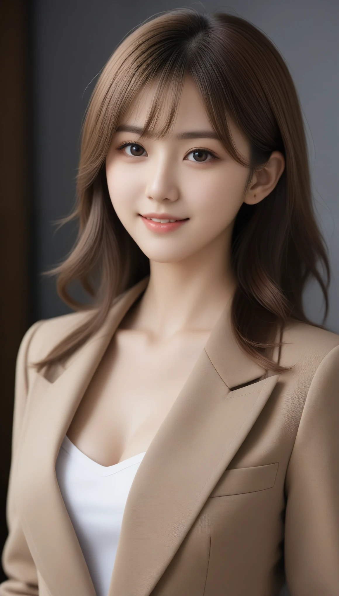 8K, Ultra-high resolution, Highest quality, masterpiece, 三分割法によるphotograph,Surreal, photograph, 1 Girl, (:1.3), pretty girl, Cute face, Beautiful eyes in every detail, 細かくdetailedに,masterpiece,One Girl:1.2, Japan Female Announcer,Tabletop、light brown disheveled hair,Wearing a blazer uniform、Sharp focus、Perfect dynamic composition、Beautiful and detailed、Thin Hair、Detailed real skin texture、smile、Close-up portrait、Model Body Type,Looking at the audience、beauty,Long neck、(((Ideal body type))),A cup small breasts :2,、Portraiture:2、Perfect Anatomy、なdetailed、detailed、Surreal、Light and shadow,Strong light