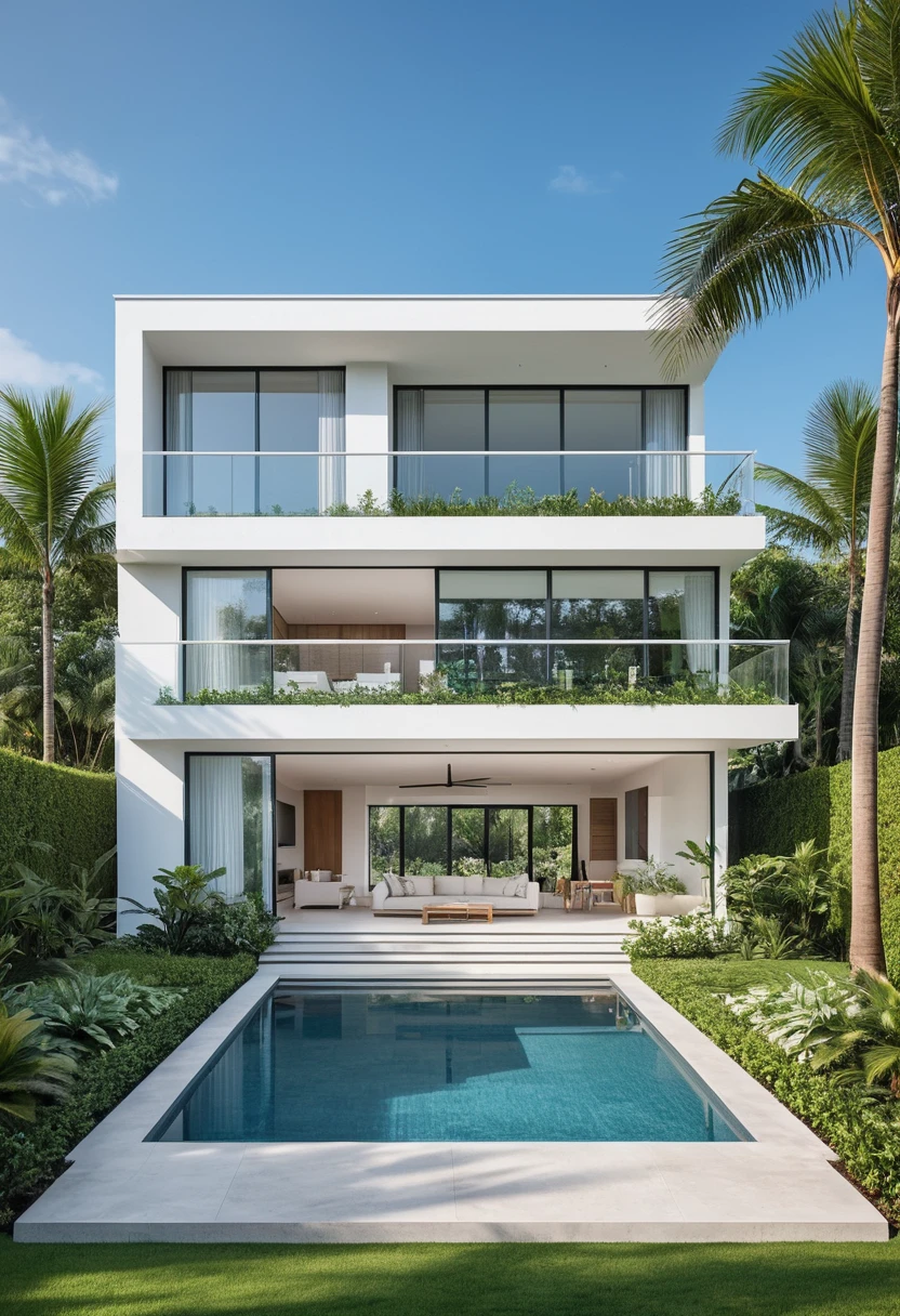 A hyper-realistic image of a modern house with a minimalist design, featuring a combination of white and blue materials. The house has a flat roof, large glass windows, and a balcony with a white railing. The entrance is flanked by lush greenery and palm trees. There is a white gate in front and the garden includes various tropical plants. The overall ambiance is serene and contemporary, with detailed textures and realistic lighting, shadows, and reflections. The colors are bright and fresh, showcasing the crispness of the materials and the surrounding environment. The lighting is natural and gives a bright midday feel.
