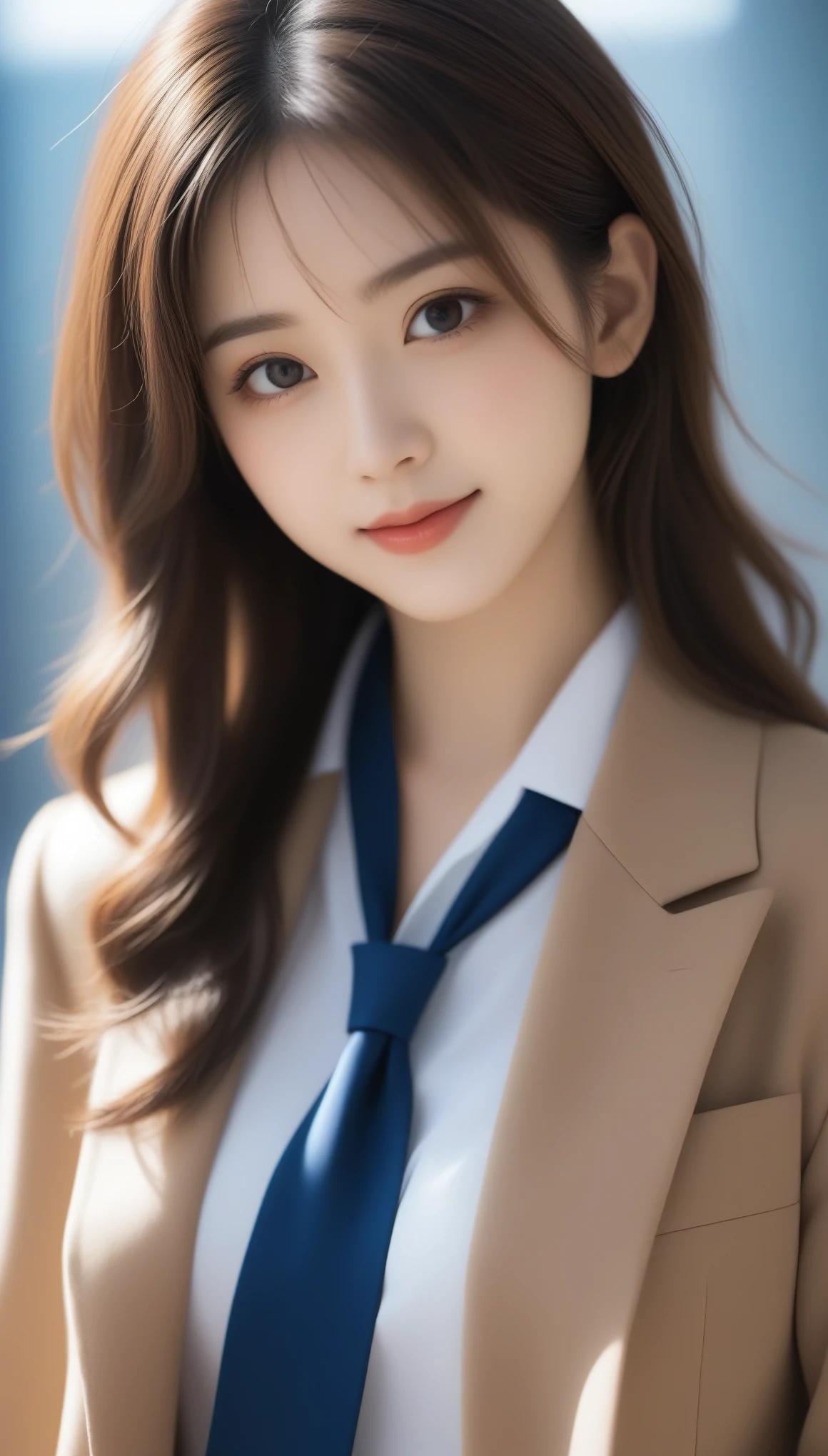 8K, Ultra-high resolution, Highest quality, masterpiece, 三分割法によるphotograph,Surreal, photograph, 1 Girl, (:1.3), pretty girl, Cute face, Beautiful eyes in every detail, 細かくdetailedに,masterpiece,One Girl:1.2, Japan Female Announcer,Tabletop、light brown disheveled hair,Wearing a blazer uniform、Sharp focus、Perfect dynamic composition、Beautiful and detailed、Thin Hair、Detailed real skin texture、smile、Close-up portrait、Model Body Type,Looking at the audience、beauty,Long neck、(((Ideal body type))),A cup small breasts :2,、Portraiture:2、Perfect Anatomy、なdetailed、detailed、Surreal、Light and shadow,Strong light