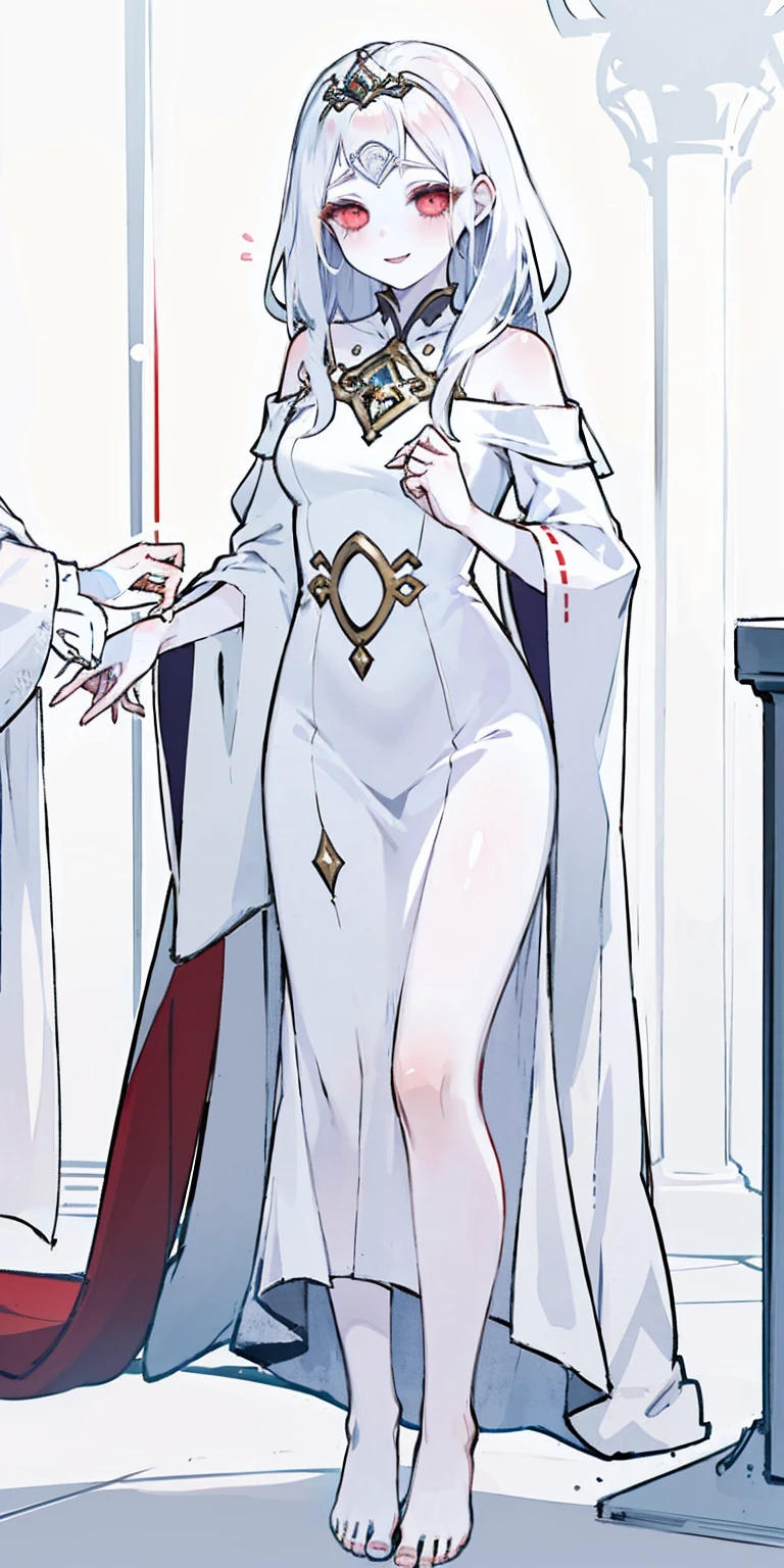 Body position: Standing, straight, symmetrical, barefoot, Lustful smile on face with red blush, 2 girls like Cassia Orsellio white pale skin with red eyes who gets married and stands in front of many people, nsfw, kissing