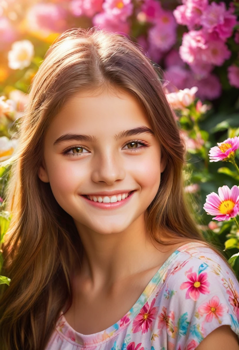 A teenage girl with soft hazel eyes smiles sweetly in a beautiful flower garden. The morning sunlight reflected the warmth in his eyes, highlighting his expression of happiness and youth. The background is filled with various colorful flowers which create a bright and cheerful atmosphere. This image is rendered in high resolution with dimensions of 6465 x 4301 pixels.