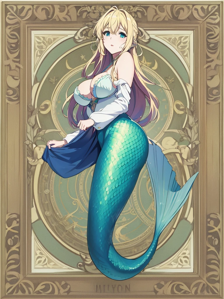 violet evergarden, mermaid, underwater, masterpiece, best quality, 1girl, solo, blonde hair, long hair blue eyes, large breasts, bra, looking at viewer, green mermaid tail,