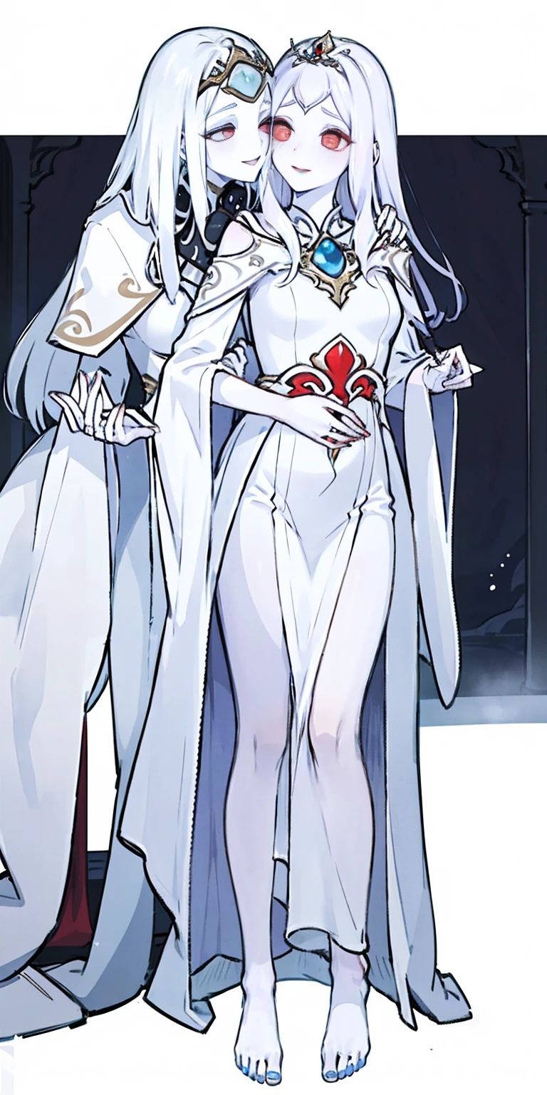 Body position: Standing, straight, symmetrical, barefoot, Lustful smile on face with red blush, 2 girls like Cassia Orsellio white pale skin with red eyes who gets married and stands in front of many people, nsfw, kissing