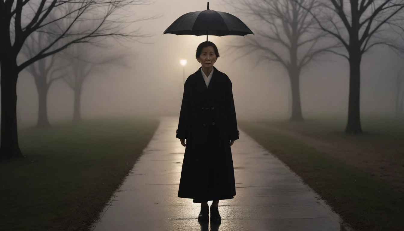 1 36-year-old Korean woman, Short hair, black coat, alone, rain, Fog, cold, boring, walk in the park., The dim light shines in the Fog,and the figure stands in the Fog holding ,drizzling, (명암대rain, cinematic lighting, shadow, film grain, anatomically correct, accurate, Awards, 8K) realistic photo, Full body shot with Canon camera 16-35 wide angle lens, natural appearance, Faintly visible