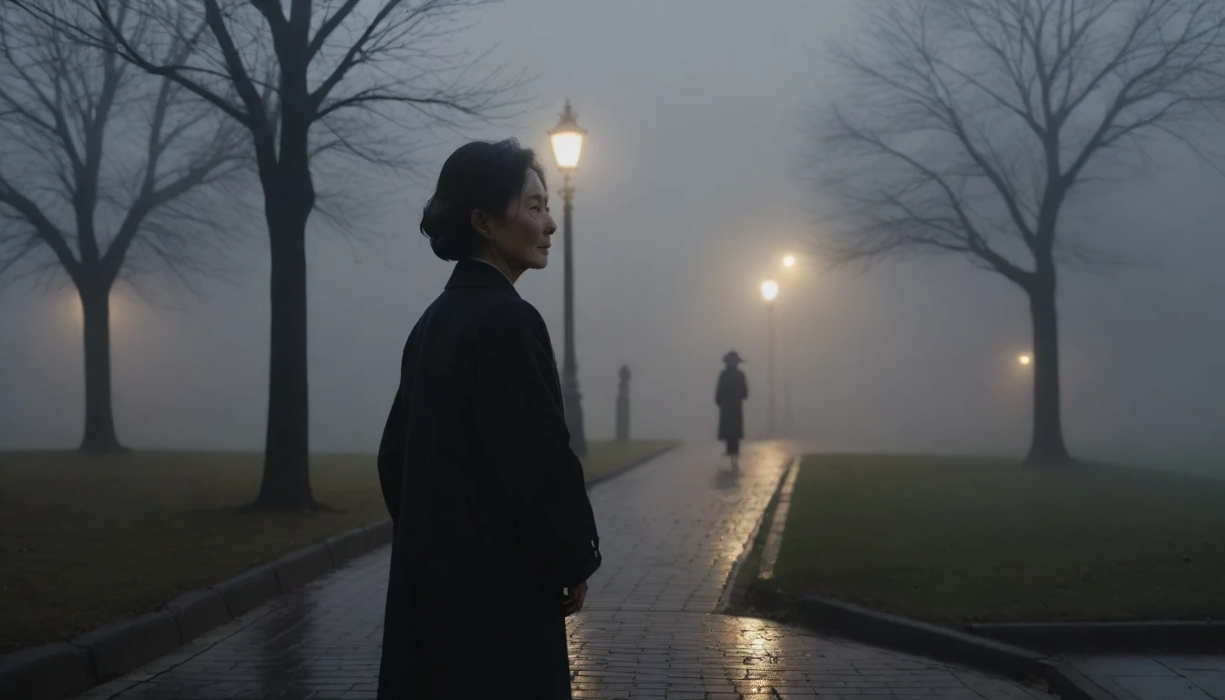 1 36-year-old Korean woman, Short hair, black coat, alone, rain, Fog, cold, boring, walk in the park., The dim light shines in the Fog,and the figure stands in the Fog holding ,drizzling, (명암대rain, cinematic lighting, shadow, film grain, anatomically correct, accurate, Awards, 8K) realistic photo, Full body shot with Canon camera 16-35 wide angle lens, natural appearance, Faintly visible