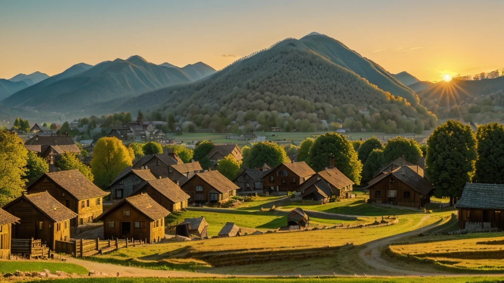 A serene village landscape with the first rays of sunlight hitting the hills, bringing the village to life