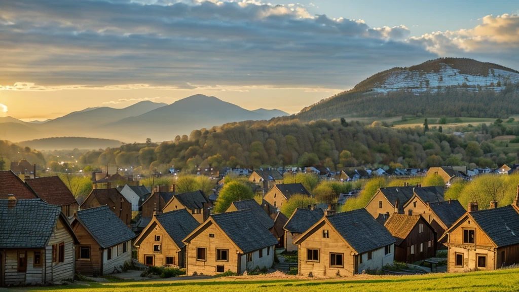 A serene village landscape with the first rays of sunlight hitting the hills, bringing the village to life