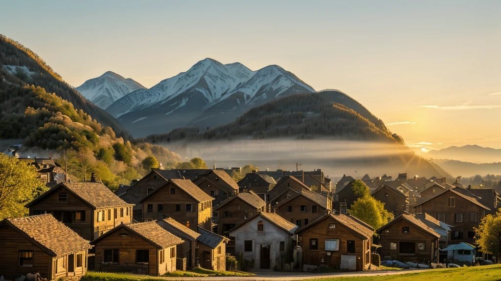 A serene village landscape with the first rays of sunlight hitting the hills, bringing the village to life