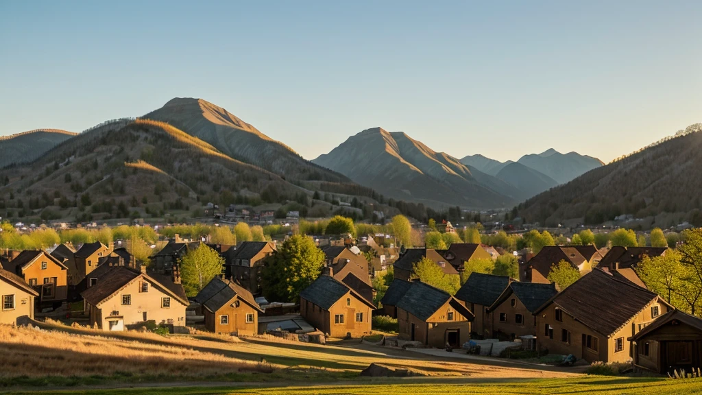 A serene village landscape with the first rays of sunlight hitting the hills, bringing the village to life