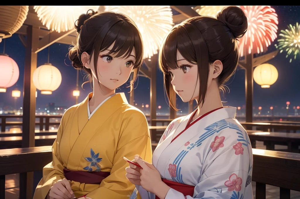 Fireworks festival poster、(Very detailed,High resolution,masterpiece:1.2)Japanese、Night view, Starry Sky、milky way、Tanabata Bamboo Decorations Light Brown Hair. She is wearing a yukata.Big fireworks、Slendering, Flat Color:0.8, Fine 図, Realistic:1.37, Shinkai Makoto style, Your name style, Hair Bun。,(masterpiece: 1,2)、(masterpiece: 1,2)、High resolution、超High resolution、Highest quality、High resolution、