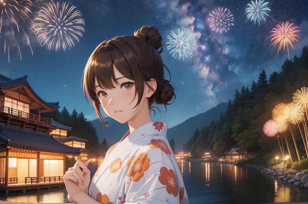 Fireworks festival poster、(Very detailed,High resolution,masterpiece:1.2）Japanese、Night view, Starry Sky、milky way、Tanabata Bamboo Decorations Light Brown Hair. She is wearing a yukata.Big fireworks、Slendering, Flat Color:0.8, Fine 図, Realistic:1.37, Shinkai Makoto style, Your name style, Hair Bun。,(masterpiece: 1,2)、(masterpiece: 1,2)、High resolution、超High resolution、Highest quality、High resolution、