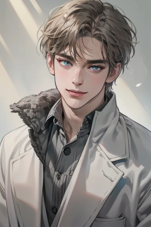 masterpiece, best quality, realistic, 1man, mature male, quiet and charming  man, 35 year old, smile in love look, closed mouth, portrait, extremely detailed face, cold smile, ((blue grey eyes)), ((short-right-swept gray dark hair)), [thick eyebrows], ((suit)), handsome, full body, western, Jewish, light brown skin,