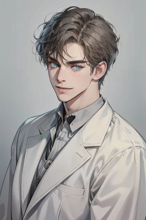 masterpiece, best quality, realistic, 1man, mature male, quiet and charming  man, 35 year old, smile in love look, closed mouth, portrait, extremely detailed face, cold smile, ((blue grey eyes)), ((short-right-swept gray dark hair)), [thick eyebrows], ((suit)), handsome, full body, western, Jewish, light brown skin,