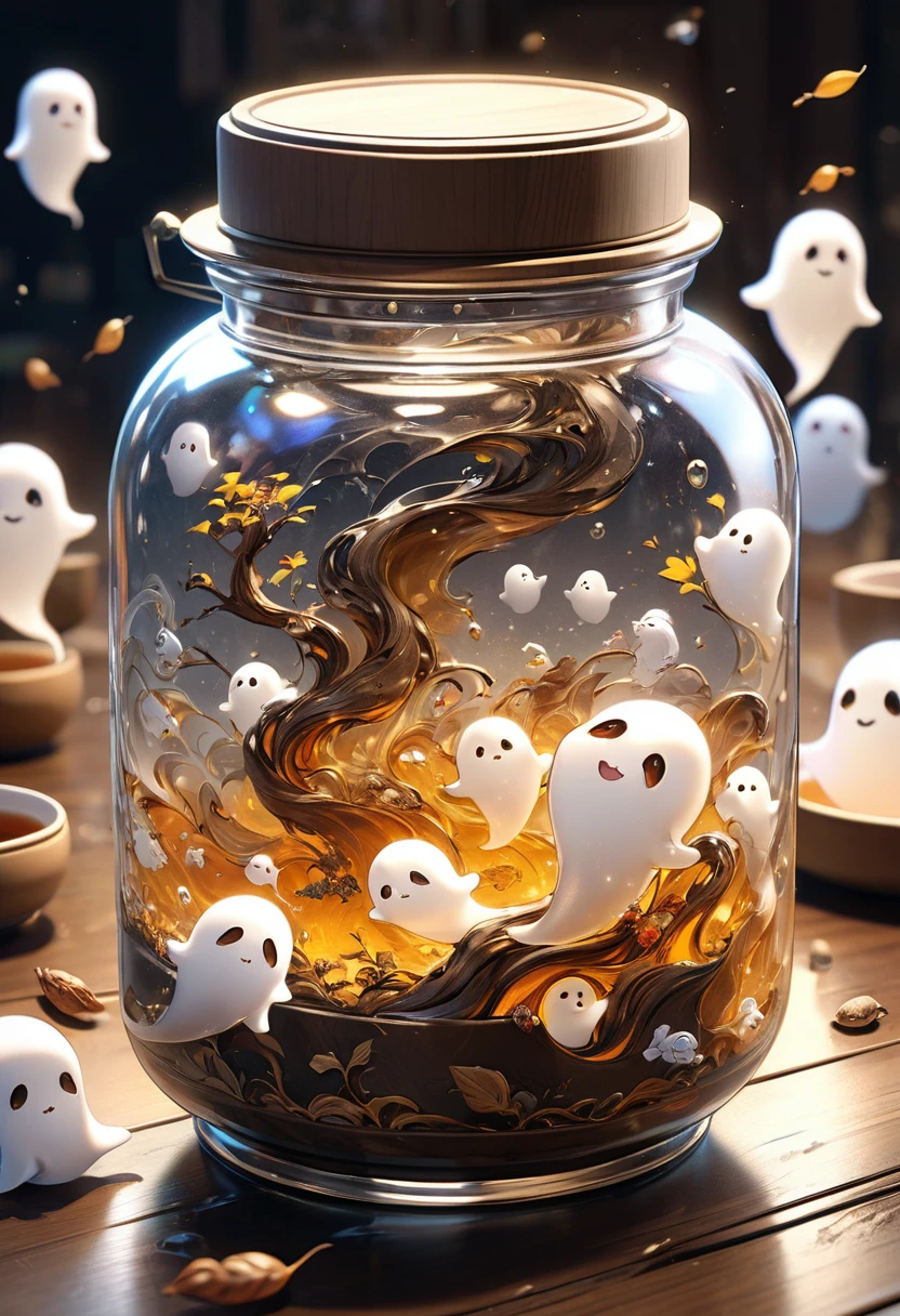 masterpiece, 8k, best quality, highly detailed, a slightly cracked jar with tea in it & small cute ghosts swirling around it
