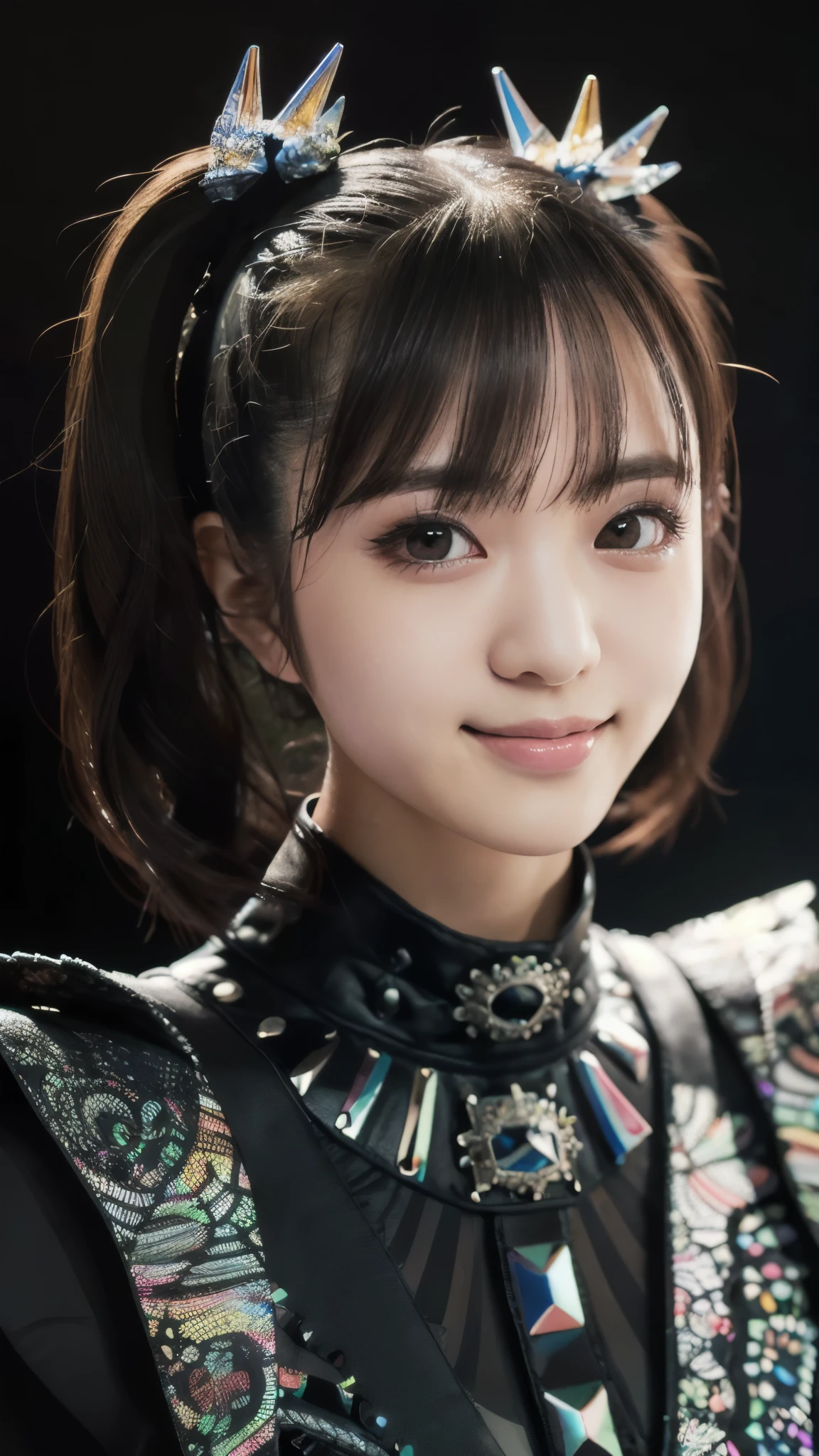(masterpiece:1.2),(Highest quality:1.2),(Super detailed),(Ultra-high resolution),(Photorealistic Stick),(RAW Photos),8K,wallpaper,Backlight,(Written boundary depth),(Sophisticated lighting:1.1), (Improving cinematic lighting quality:0.9),Photo of a woman in a black dress by Babymetal,((moakiku:1.3)),whole bodyポートレート,(Eye light,Sharp pupils,Detailed eye drawing,)Very beautiful face,(Detailed skin texture:1.3),(Beautiful portrait:1.2),A lovely and delicate face,Beautiful young Japanese woman,Look at this,front,((whole body)),((Black background:1.3)),(Flashy makeup),((smile))