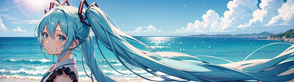 (Detailed facial depiction),Highest quality,Hatsune Miku,(Chubby),Pink and blue super long twin tails,Blue clear sky,stroll