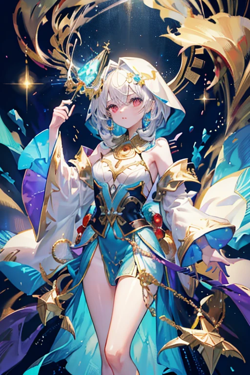 Hooded Cloak: The costume features a hood, adding an air of mystery and elegance. The hood is intricately decorated with gold filigree. Intricate Embroidery: The robe is adorned with gold and turquoise embroidery that highlights the waist, shoulders, and chest areas. These designs give the costume a regal and magical appearance. Flowing Sleeves: The sleeves are wide and bell-shaped, contributing to the ethereal look. They are embellished with the same gold and turquoise patterns as the rest of the outfit. Jewels and Gems: The costume is accented with glowing blue gems that are strategically placed on the chest, waist, and along the sleeves, giving the appearance of magical enhancements. Light and Shimmer: The fabric of the robe appears to be lightweight and shimmery, suggesting a magical or otherworldly material. Accessorized with a Scepter: The character holds a scepter-like object that matches the design of the outfit, further emphasizing the magical theme, full body, white hair, red eyes, medium sized breast.