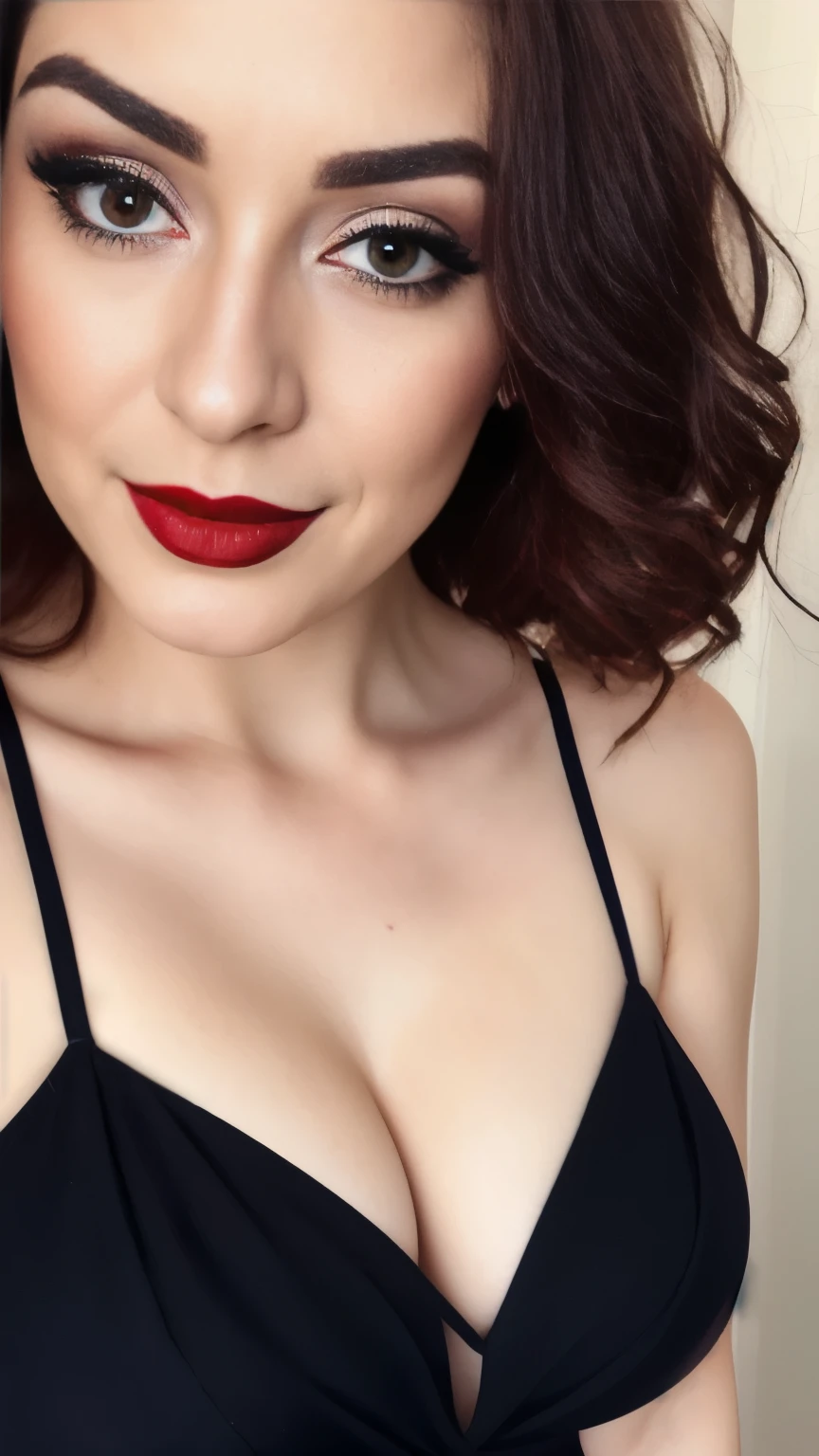instagram photo, closeup face photo of 30 years Old, Red Lipstick, sensual Lipstick, Sensational Make Up, cleavage, pale skin, (smile:0.4), hard shadows, Red G-STRING