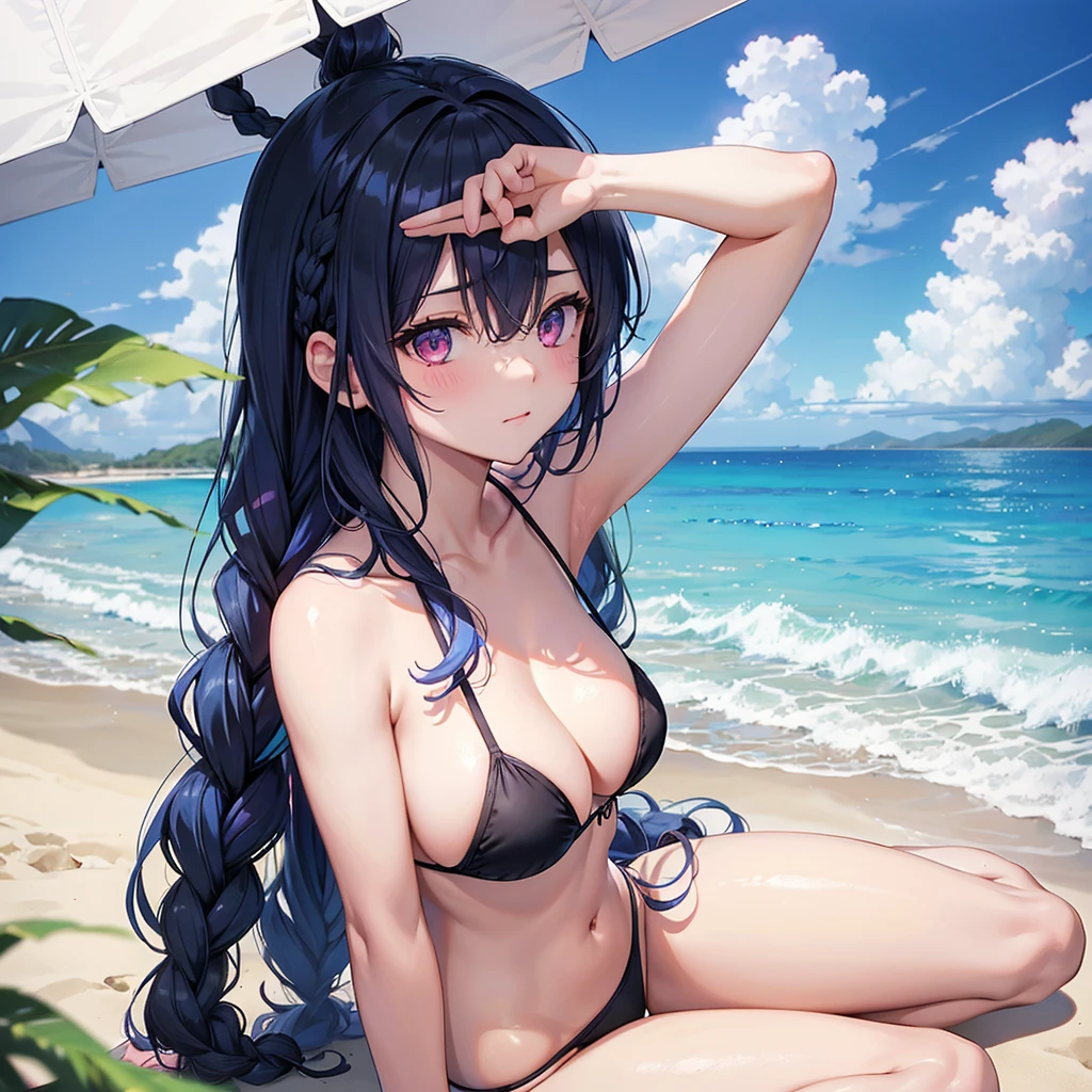(Sky blue medium hair),(Braided hair tied together)、Pink eyes、Fair skin、(whole body)、(One Girl)、Black Bikini、Large sunglasses with black lenses on his head、Shining white sand beach in midsummer、Okinawa's ocean、A happy smile、、(masterpiece、Highest quality、Very detailed、Best Shadow)、(Detailed Background)、(Beautifully detailed face)、High contrast、(Best lighting、Very delicate and beautiful)、((Cinematic Light))、colorful、Hyper Detail、Dramatic Light、Exquisite detail、Standing with your legs apart