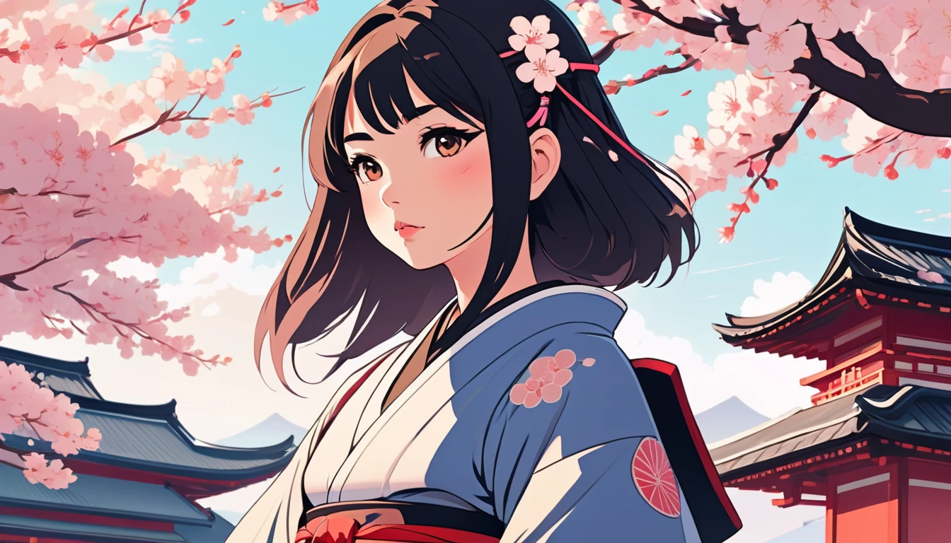 Female Samurai,Background is cherry blossoms and a Japanese temple、 Wide-angle lens, Lofi Anime, Lofi illustration, Aesthetic atmosphere, Lo-Fi Style, Vector art, Flat Design, Simple shape, Warm tones, Pleasant atmosphere, Chill, In anime style, Digital drawing, Vector art, Vector logo for t-shirt printing, (Adorable:1.5), (small:1.4), (Playful:1.2), (soft:1.3), (Whimsical:1.1), masterpiece, Highest quality, 8K, Intricate details, grow, Celestial, Mysterious, Picturesque, amazing, Majestic, Magic, Fantasy art, Cover art, dream-like